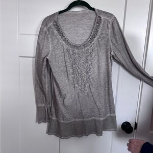 Soft Surroundings Light Gray Long Sleeve Top with Embroidery